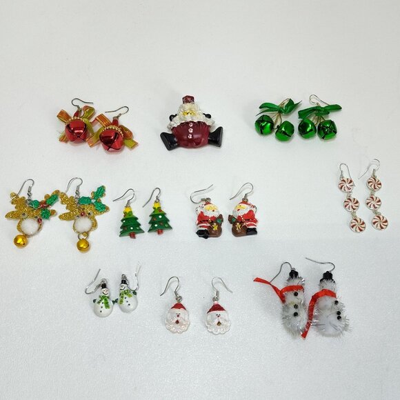 Holiday Earrings & A Santa Claus Pendant Set Red & Green Vintage Jingle Bells - Picture 2 of 13